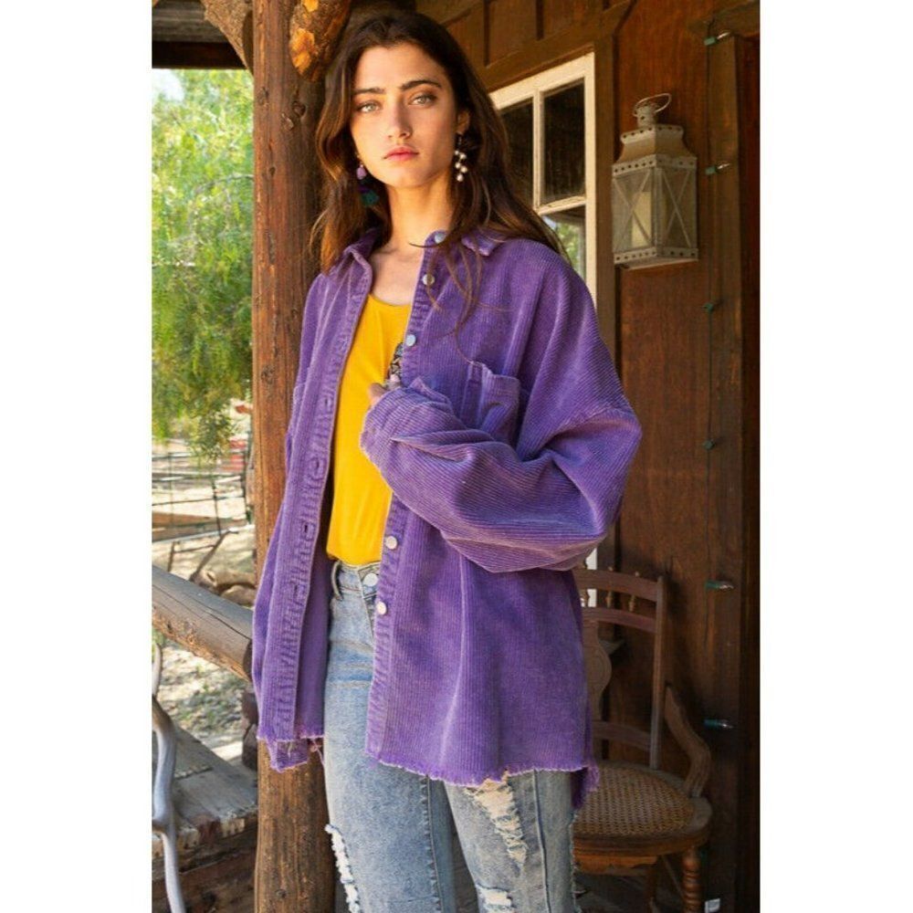 POL CLOTHING Womens Royal Purple Corded Corduroy Shacket Button Up Jacket SMJ194